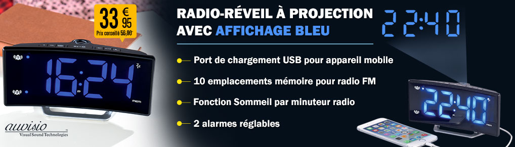 Radio-réveil à projection avec affichage bleu et port de chargement USB - NX8426