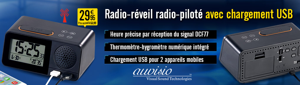 Radio-réveil radio-piloté avec hygromètre / thermomètre / chargement USB - NX8479