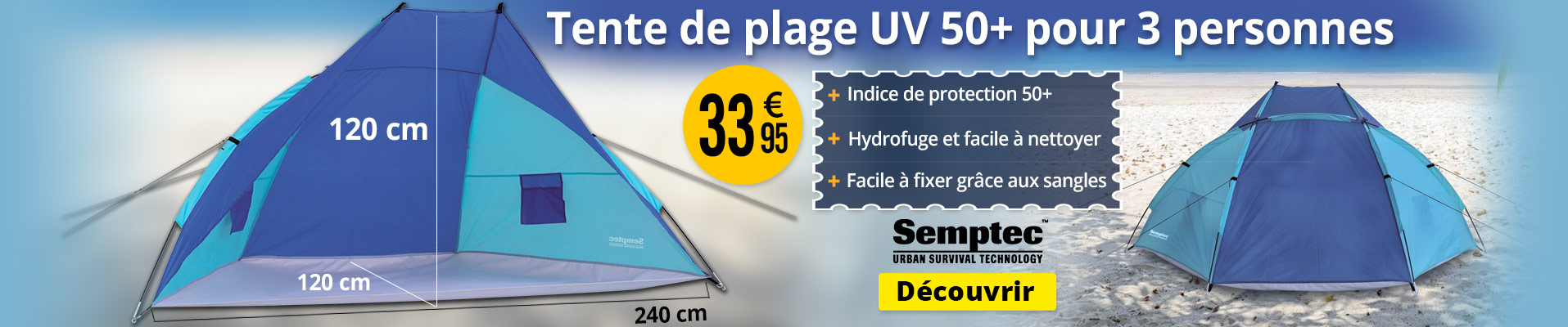 Tente de plage UV 50+ pour 3 personnes Semptec - NX6418