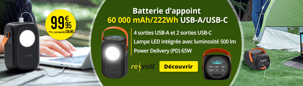 Batterie de secours 60000 mAh / 222 Wh avec USB-A / USB-C Power Delivery 65 W Revolt - ZX3392