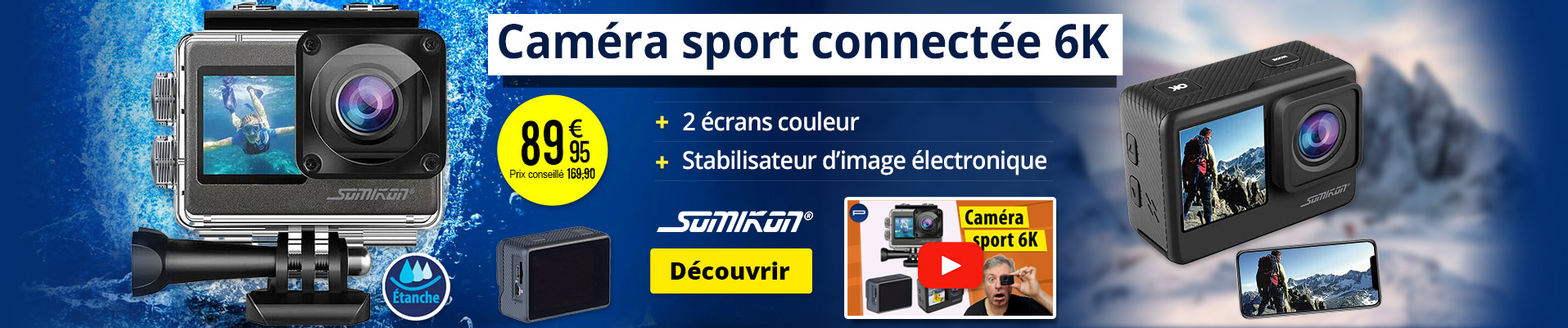 Caméra sport connectée 6K DV-950.WiFi avec 2 écrans couleur Somikon - ZX5437