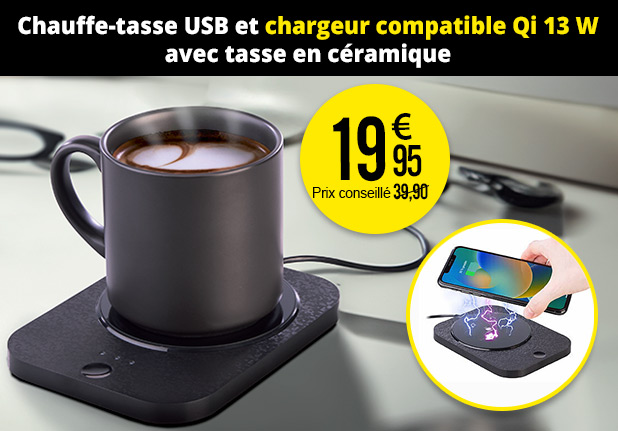 Chauffe-tasse USB et chargeur compatible Qi 13 W avec tasse en céramique - ZX6727