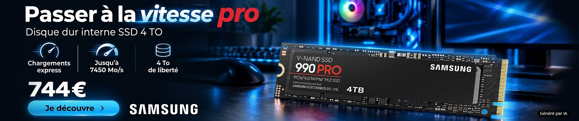 Disque dur interne SSD 990 Pro PCIe NVMe M.2 2280 - 4 To Samsung - MW3549